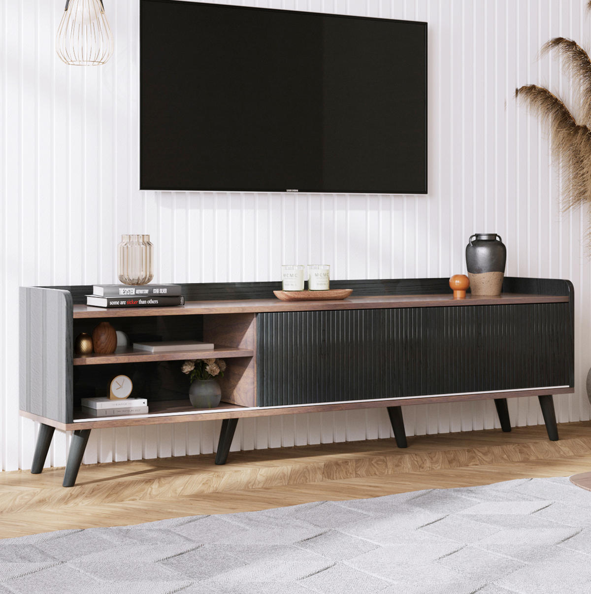 TV-LOWBOARD mit 2 Schiebetüren und 2 Schubladen 160 cm Schwarz - Schwarz, Holzwerkstoff (40/58/160cm) - Beauniv