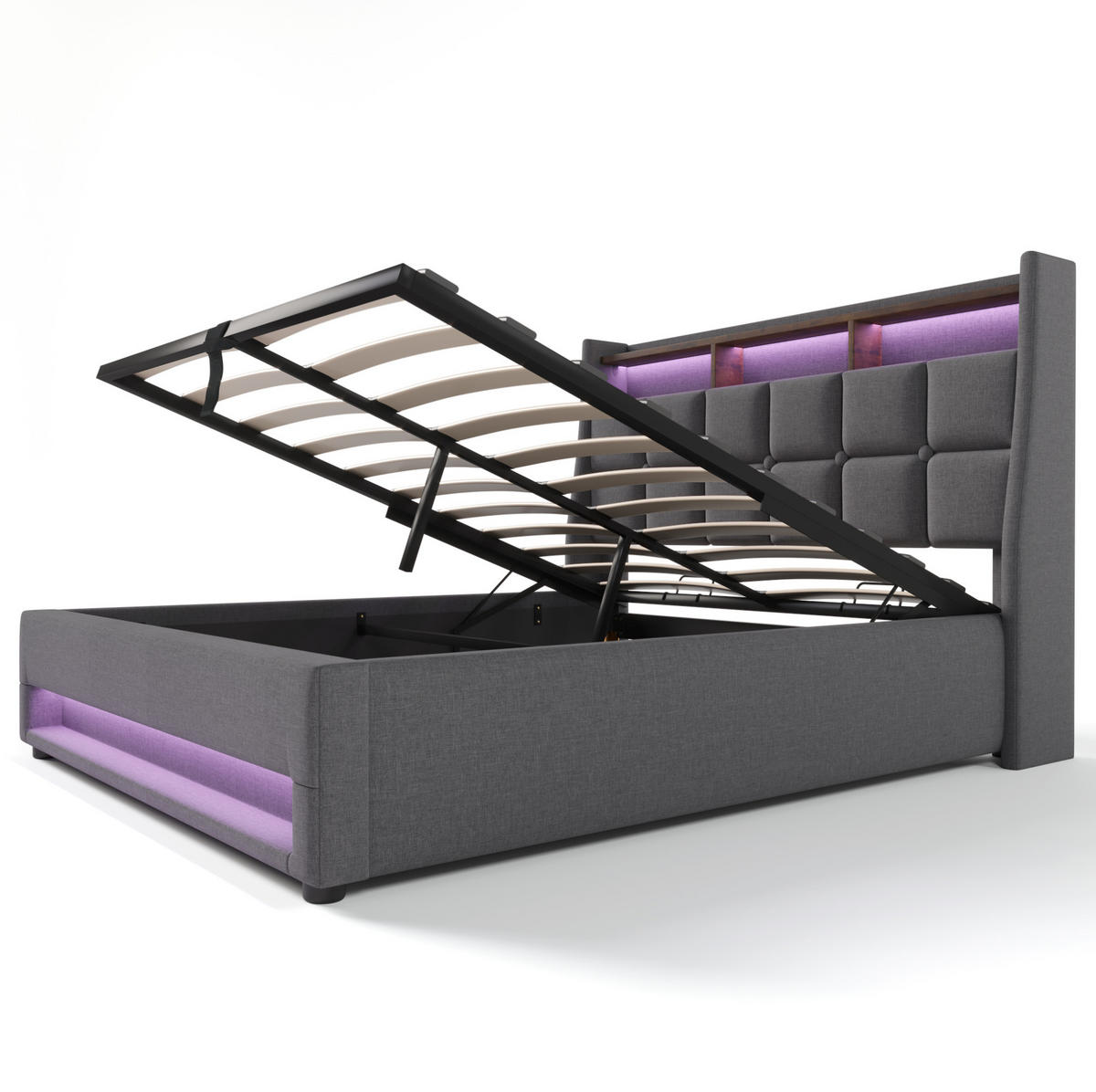 POLSTERBETT aus Leinen 180x200 cm in Grau mit LED-Beleuchtung & USB - Grau, Textil (180/200cm) - Modfu
