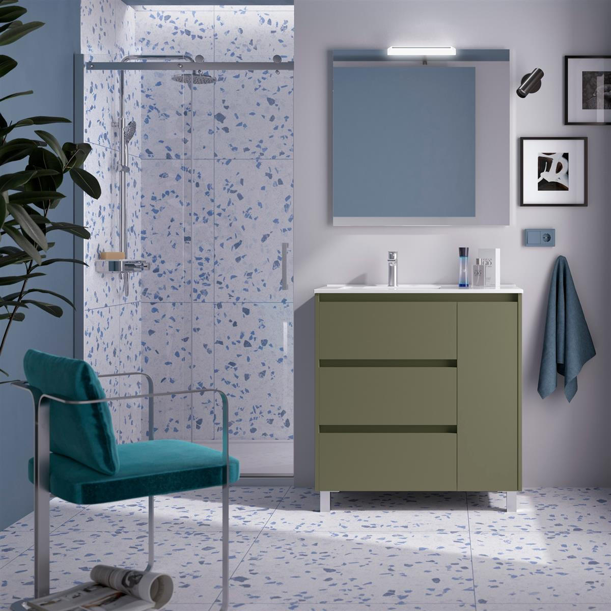 NOJA Komplett-Set 850 3 Schubladen und 1 rechte Tür Green Satin + Waschtisch + Spiegel + Leuchte - Schwarz, Metall (45/54/84.8cm) - Salgar