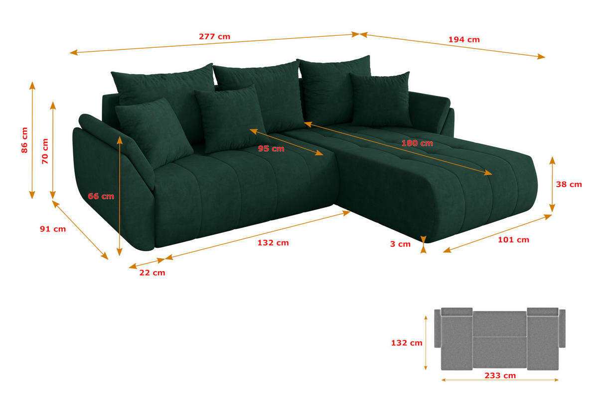 ROHOVÁ SEDAČKA s funkcí spaní, otoman vpravo TOKO-L 277x194x86 zelená velur - černá/zelená barva, kompozitní dřevo/textil (277/194cm) - ALTDECOR