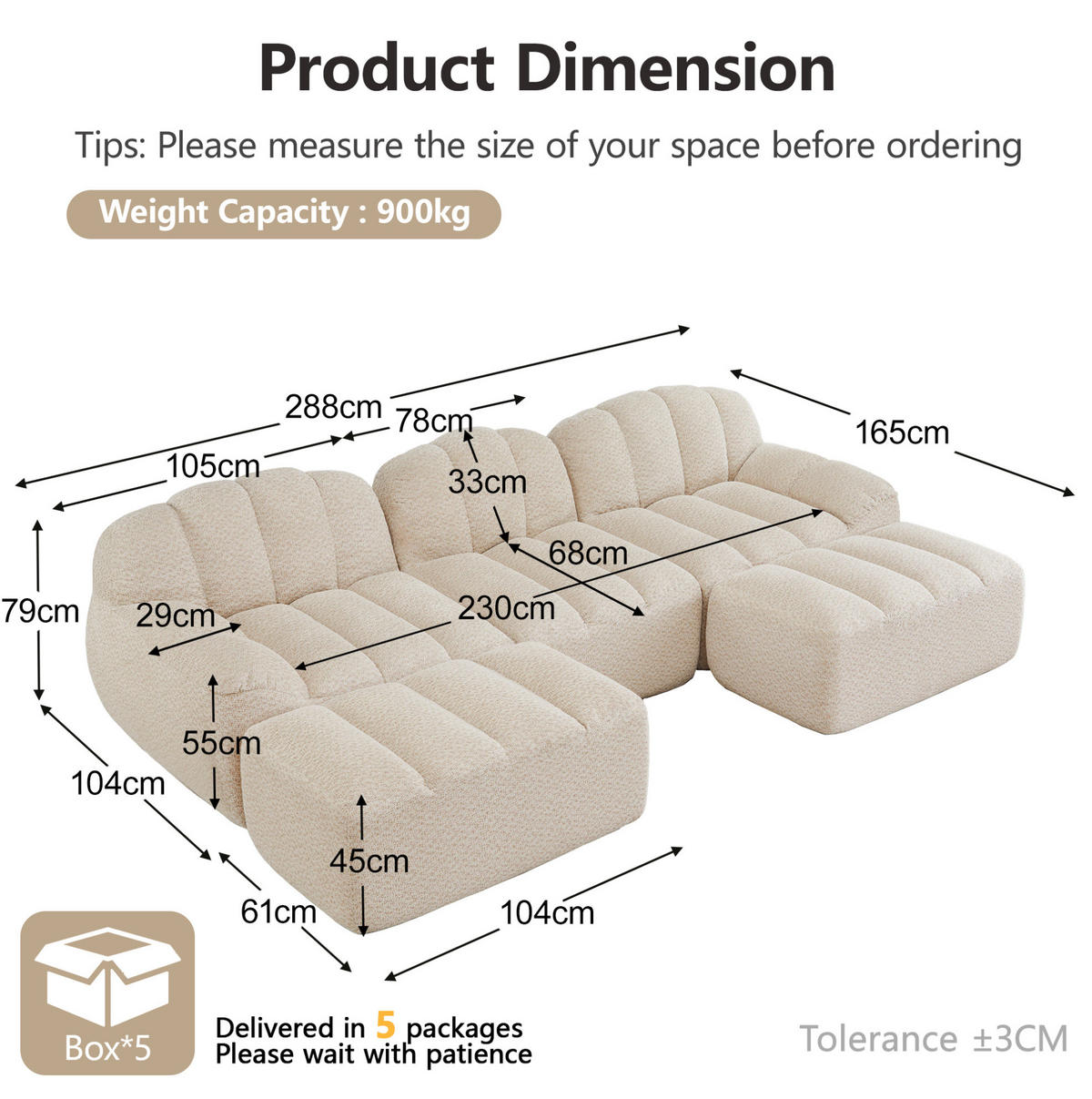 SOFA modular U-Form oder 3-Sitzer Granular Fleece Beige White - Beige, Kunststoff (165/79/288.1cm) - Meubliv