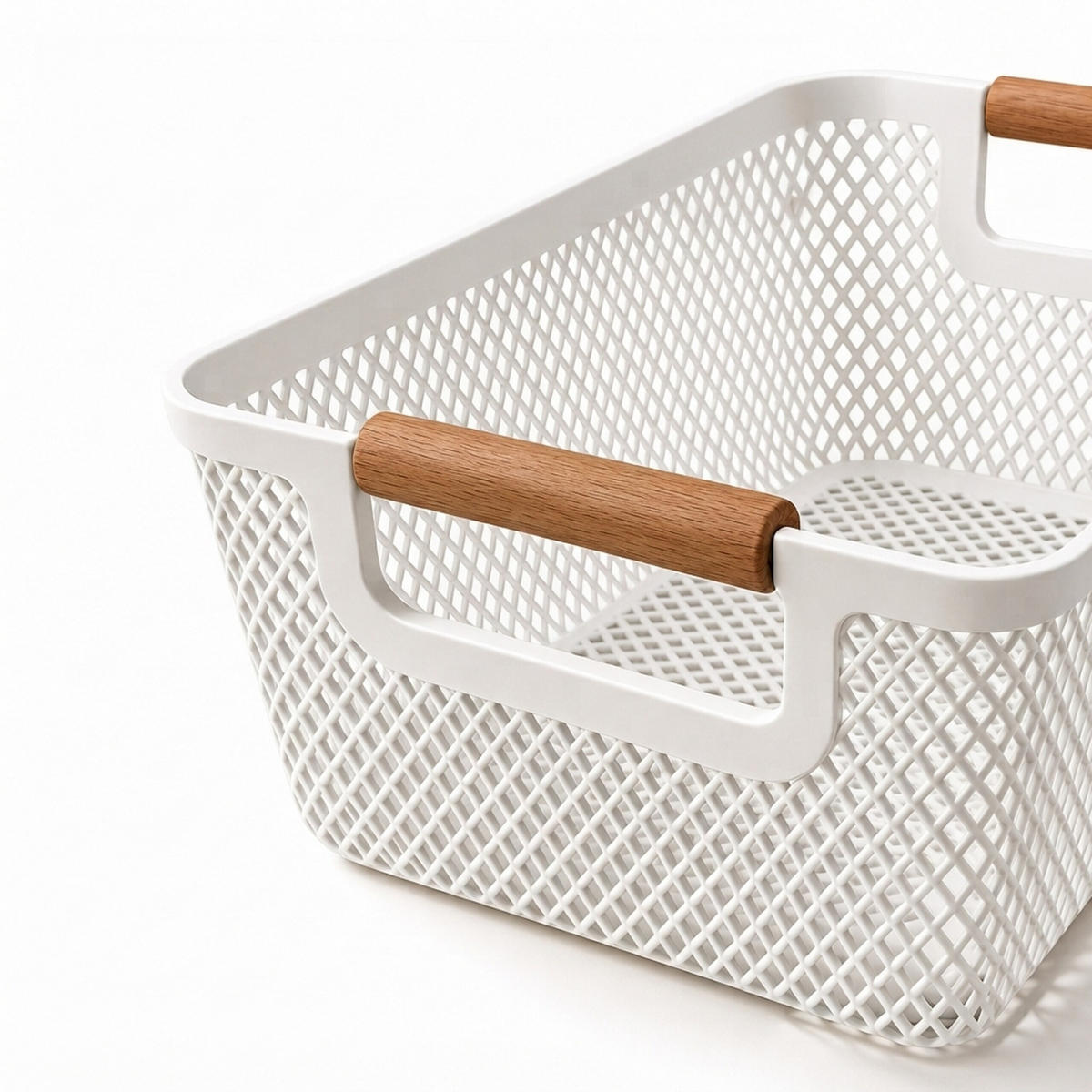 FÖRVARINGSKORG Vit 6-pack plast trähandtag storlek M - Vit, Trä/Plast (19.5/32/16cm) - Relaxdays