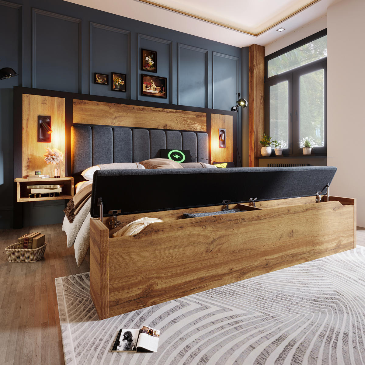 BETTANLAGE 160/200 cm in Eiche mit Leselampen, USB, Type-C, Nachttischen und Sitzbank Metall, MDF & Leinen - Eichefarben/Grau, Holzwerkstoff/Textil (160/200cm) - STILVORA