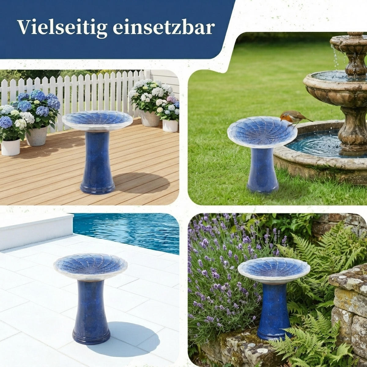 VOGELBAD mit Standfuß, Keramik Ø43/45H cm, Wetterfest, Blau - Dunkelblau, Keramik (43/45/43cm) - LVHOM