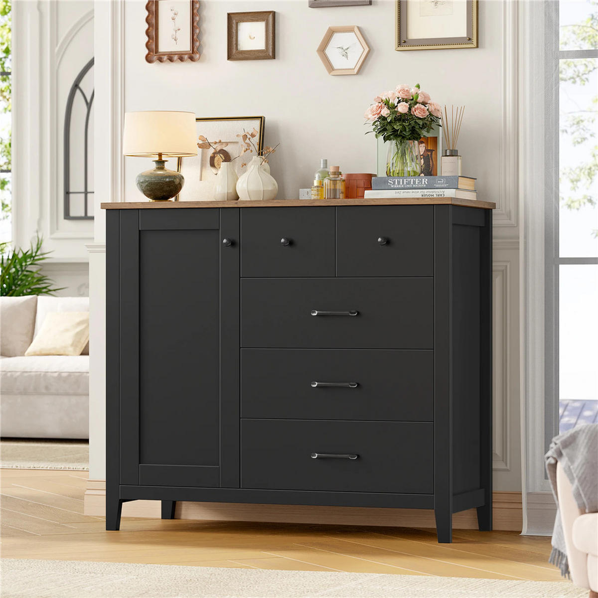 SIDEBOARD 100x94x40 cm Küchenschrank 5 Schubladen Schwarz - Schwarz, Holz (100/94/40cm) - Kaket
