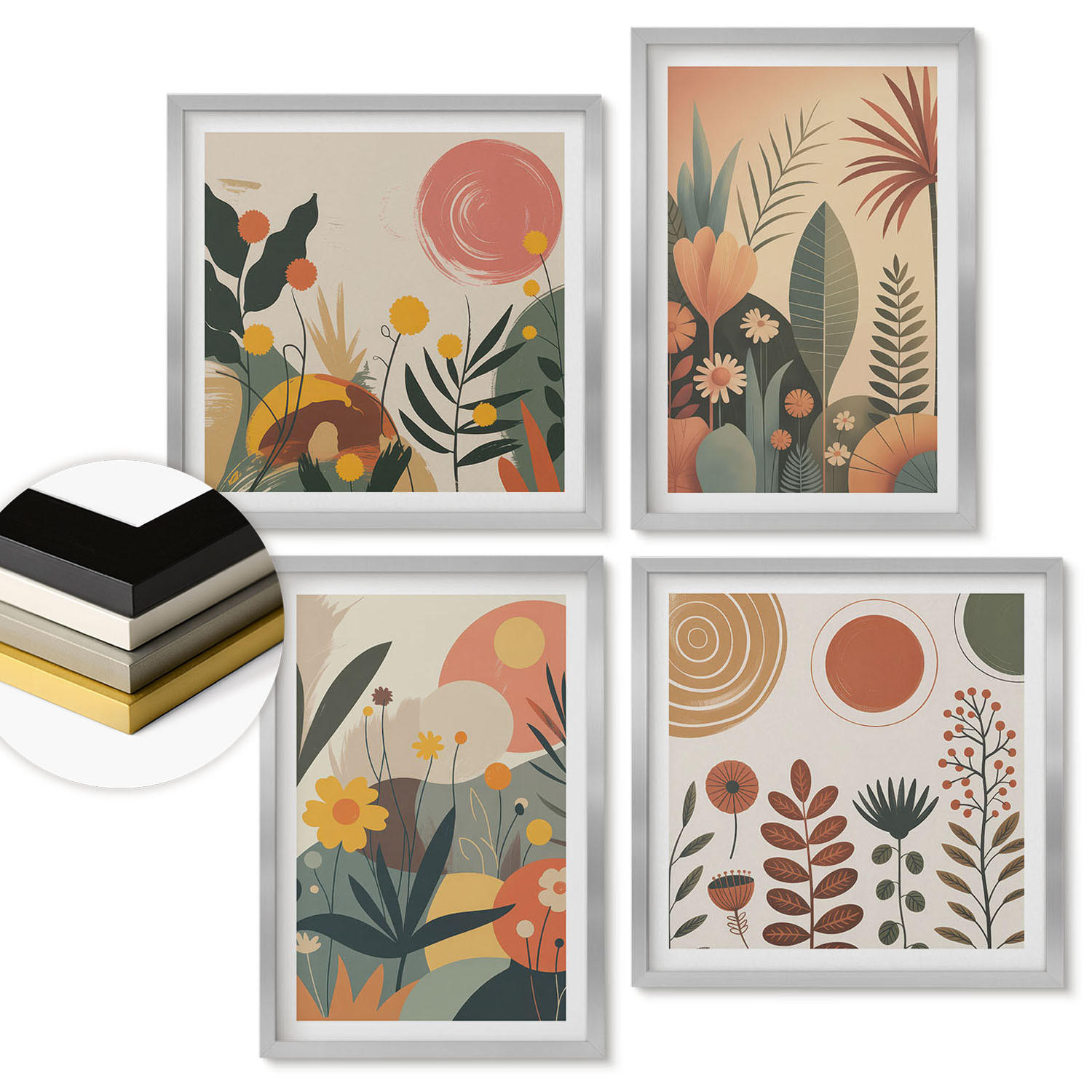WANDBILDER 4er Set - 50x50 cm & 40x60 cm Silberner Rahmen - Boho-Pflanzenmuster - Silberfarben, Kunststoff (50/50cm) - ArtPrintCave