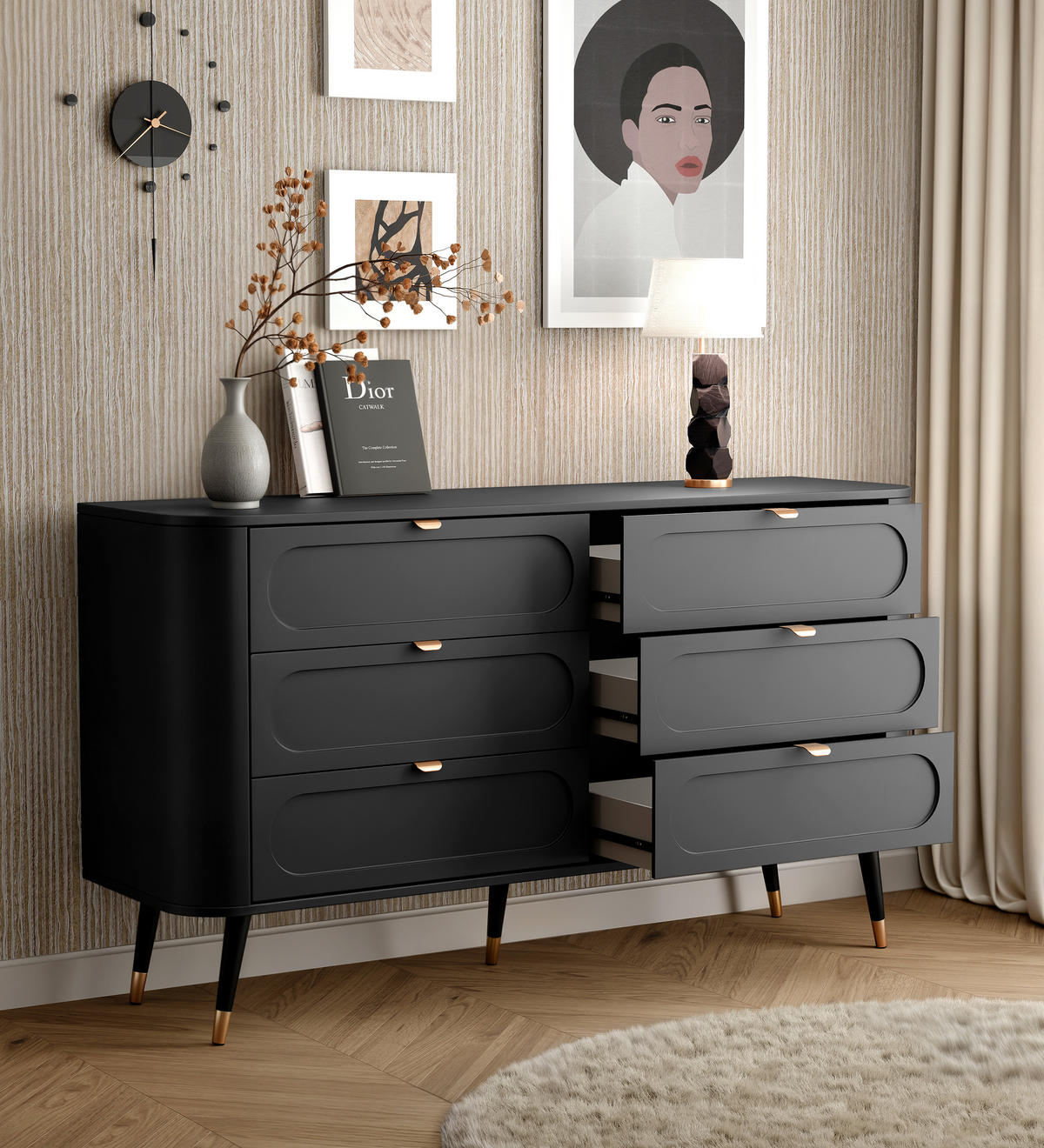 KOMMODE NOIR 138 cm, 6 Schublade(n) Schwarz - Goldfarben/Schwarz, Holzwerkstoff/Metall (138/79.7/40cm) - Idohome