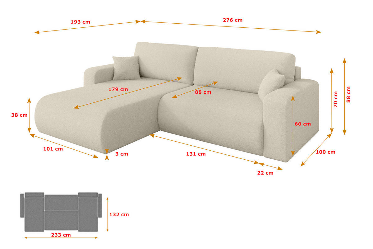 ROHOVÁ SEDAČKA s funkcí spaní, otoman vlevo BERY-L 276x193x88 béžová bouclé - černá/písková barva, kompozitní dřevo/textil (276/193cm) - ALTDECOR