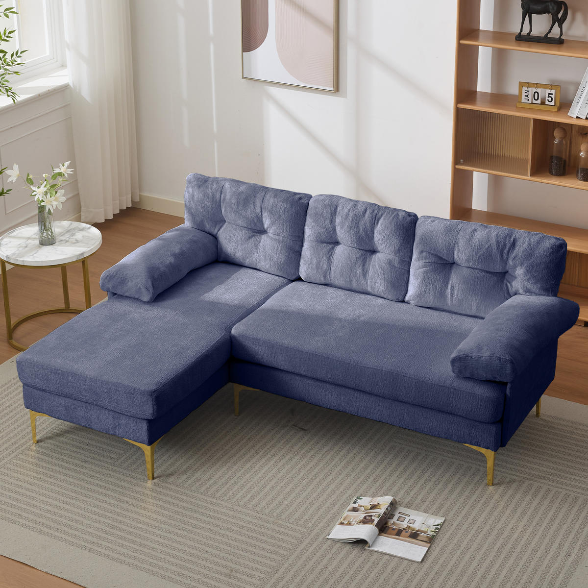 L-FÖRMIGES ECKSOFA Blau 187,5/130/79 cm 3-Sitzer Chenillebezug - Blau, Holz (187.5/130cm) - PANGIVO