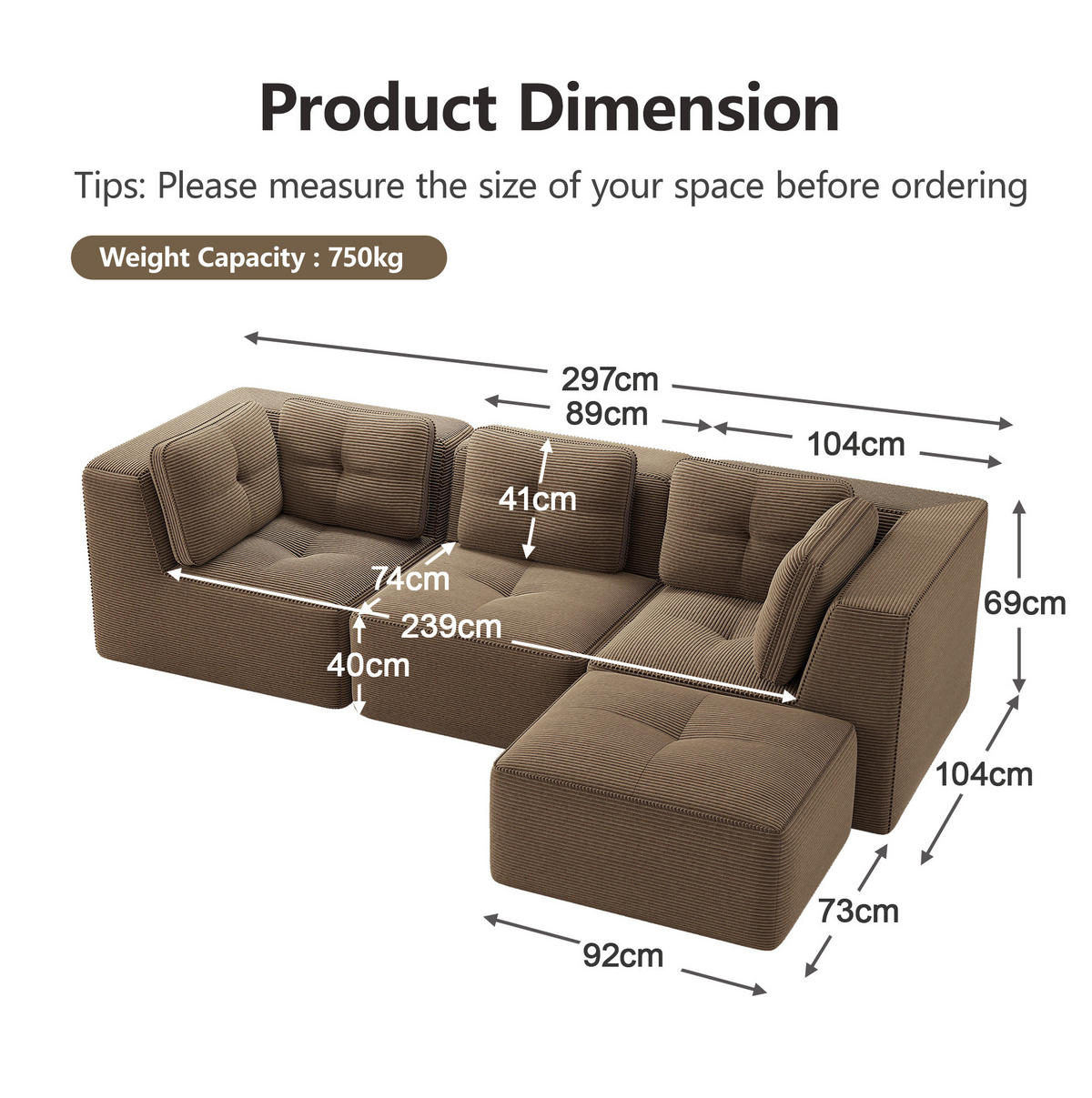 ECKSOFA modular ohne Aufbau Cord Brown - Braun, Kunststoff (177/297cm) - Meubliv