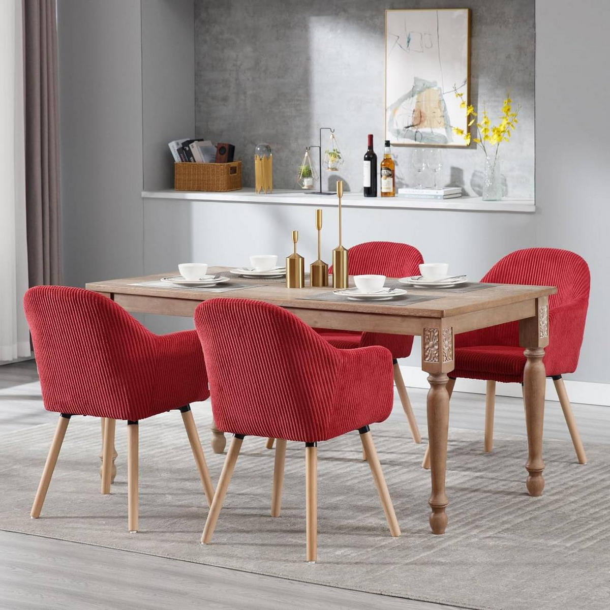 ESSZIMMERSTUHL 2er Set Polsterstuhl, Cord, Holzbeine, Rot - Eichefarben/Rot, Holz/Kunststoff (55.5/83.5/56.5cm) - Woltu