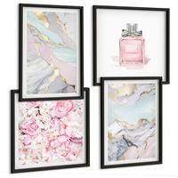 BILDER SET 4er Set - 50x50 cm & 40x60 cm Schwarzer Rahmen - Rosa Blumen Marmor Pastell - Schwarz, Kunststoff (50/50cm) - TULUP