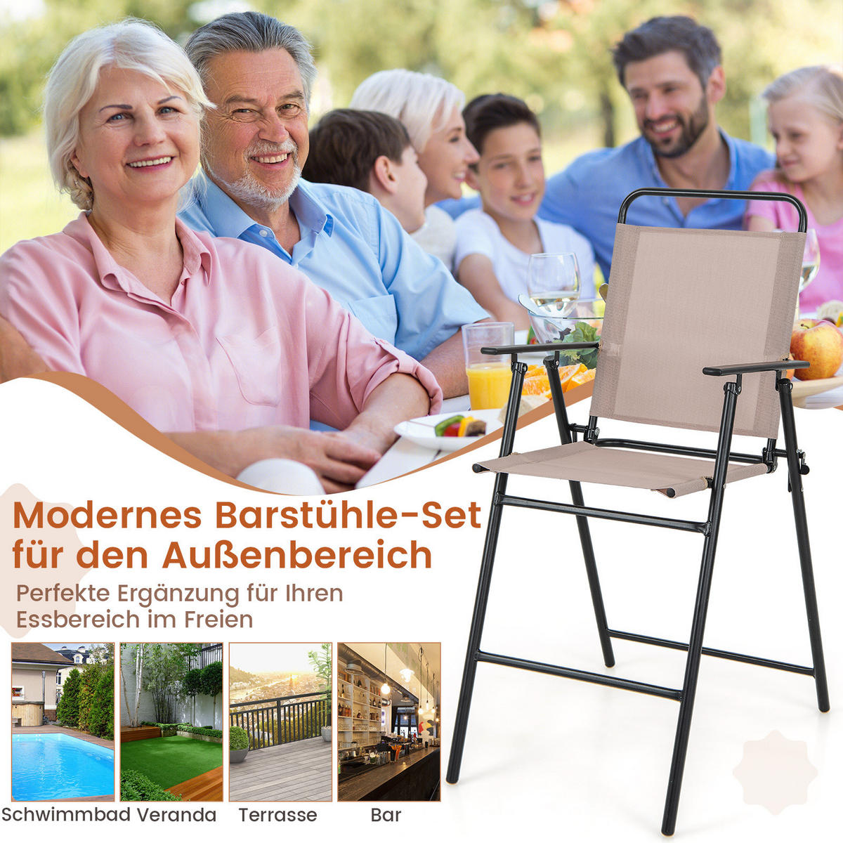 BARHOCKER Beige(2er-Set) - Beige, Metall (69/112/53cm) - COSTWAY