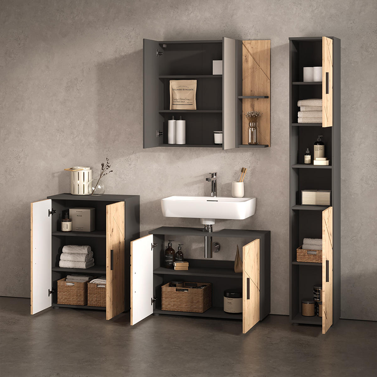 BADMÖBEL-SET Ronco, Anthrazit/Artisan-Eiche, 4-teilig - Anthrazit/Eiche Artisan, Holzwerkstoff (80/59/30cm) - Livinity®