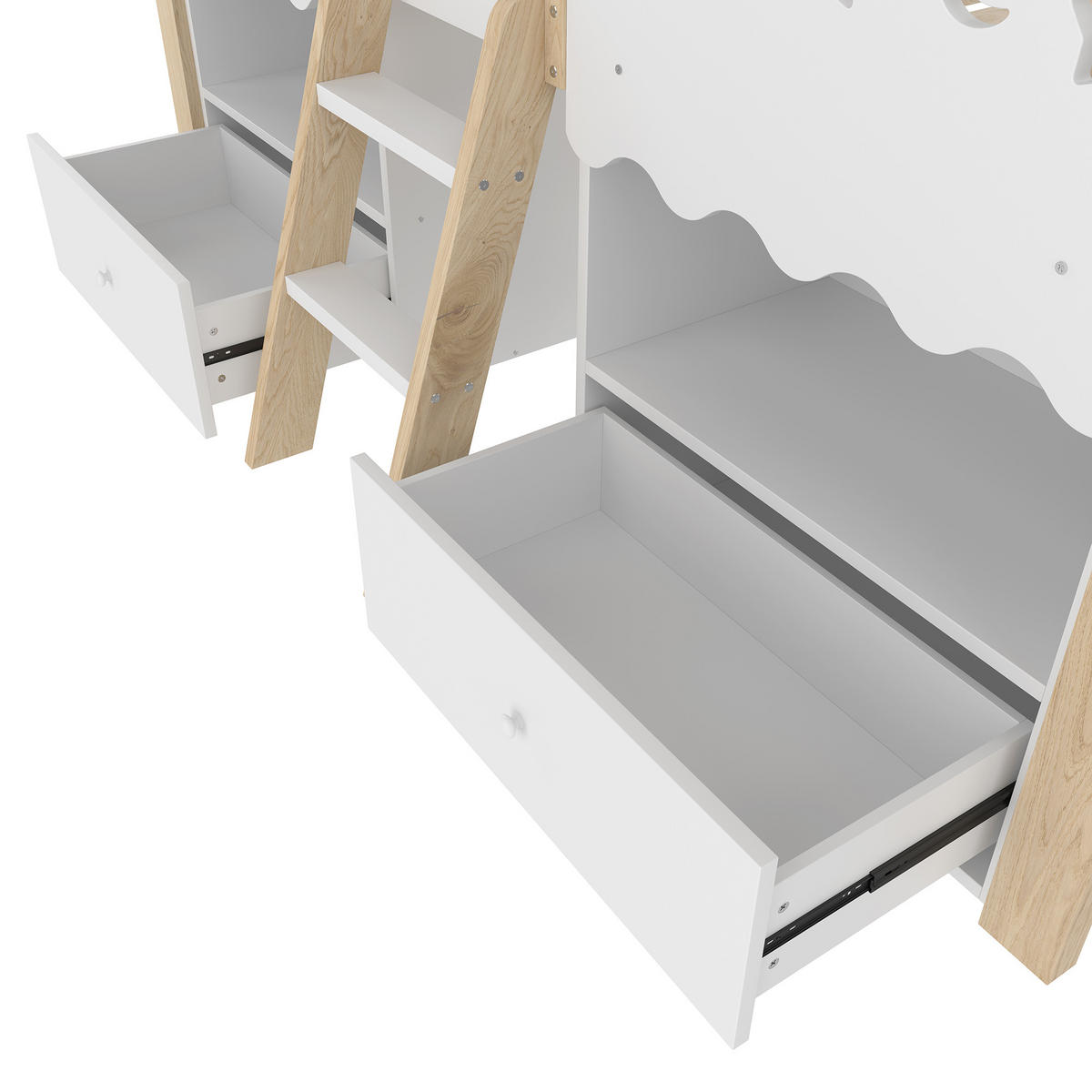 HALBHOHES BETT 90x200cm Weiß + Natur Hausform 2 Schubladen LED-Licht - Multicolor, Holz (90/200cm) - FLIEKS