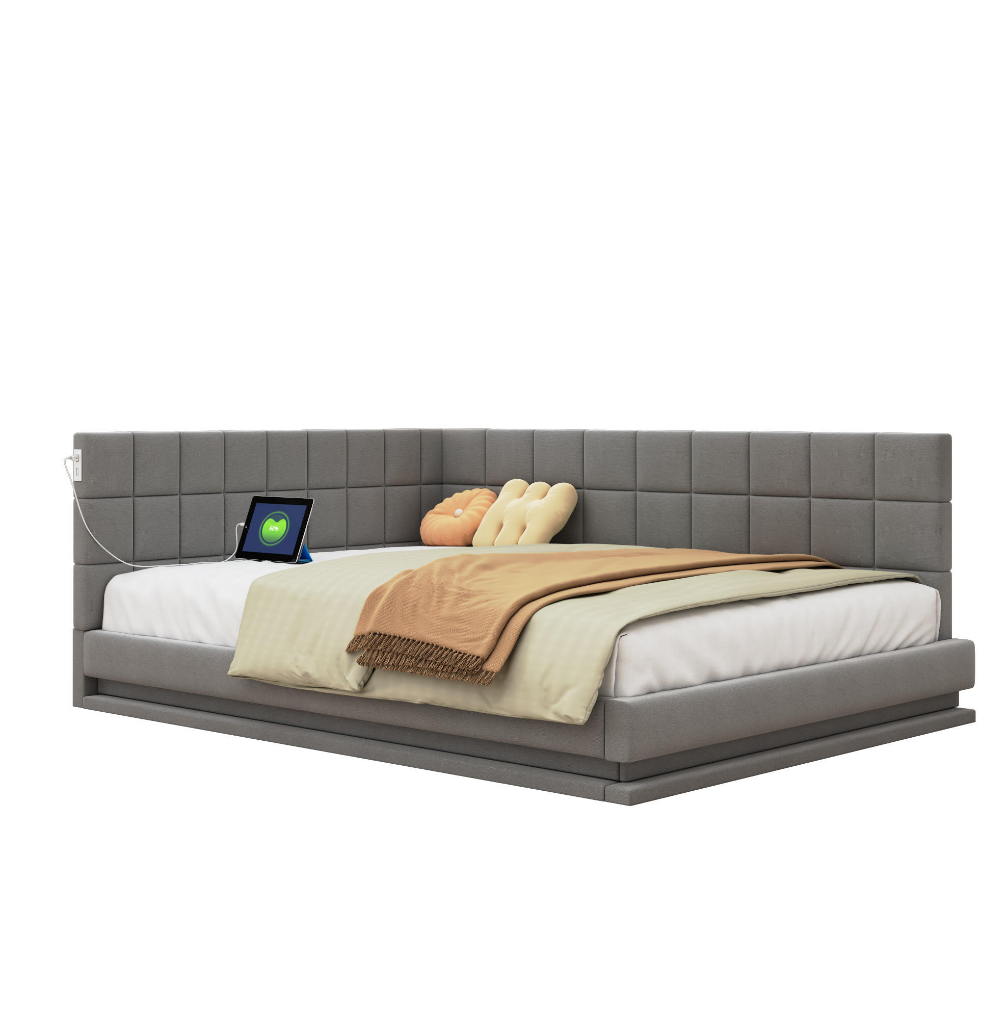 POLSTERBETT 140/200 cm aus Leinen mit LED-Lichtleiste, USB-Steckdose und Lattenrost Grau - Grau, Textil (140/200cm) - Modenvie