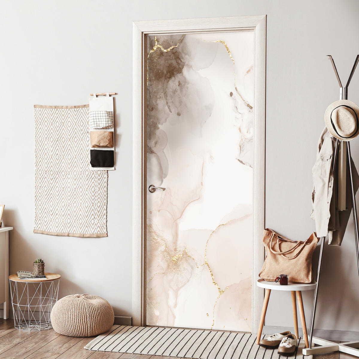 TÜRAUFKLEBER Selbstklebend - Marmor - Braun - Linie 95x235 cm - Türtapete - Champagner, Kunststoff (95/0.1cm) - MuchoWow