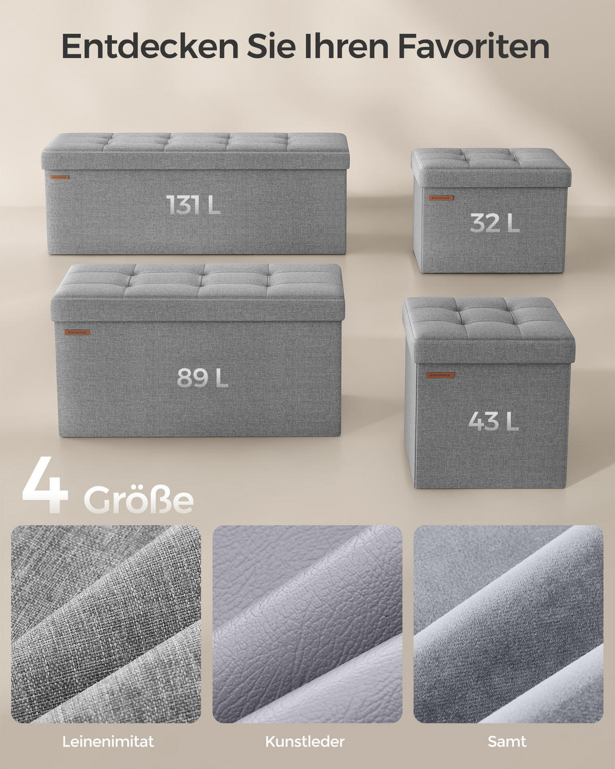 SITZHOCKER Monica - Hellgrau, Textil (32/31/40cm) - SONGMICS
