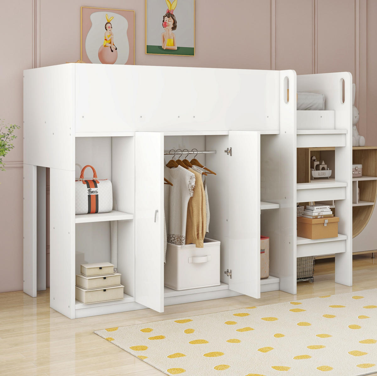 HOCHBETT 90/200 cm aus Holzwerkstoff mit Schrank und Regalen Weiß - Weiß, Holz (90/200cm) - Modenvie