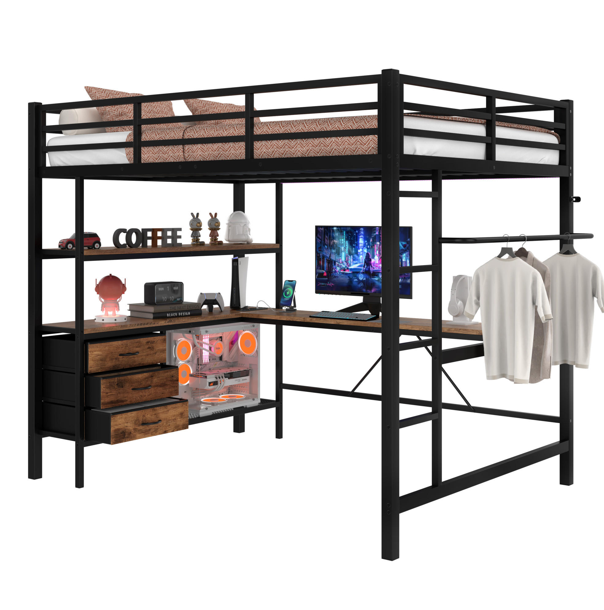 HOCHBETT mit Schreibtisch 140/200 cm in Schwarz – mit Stauraum, LED und Treppe - Schwarz, Metall (140/200cm) - BEAOK