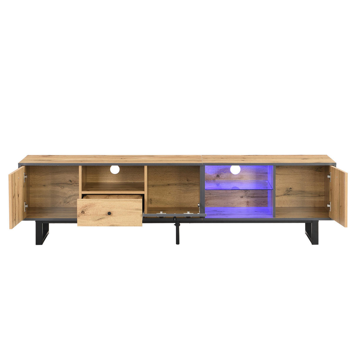 TV-LOWBOARD aus Spanplatte 190x40x50 cm Holzfarben/Anthrazit mit LED-Beleuchtung, Glasböden und gedämpften Scharnieren - Naturfarben, Holzwerkstoff (190/50/40cm) - Modfu