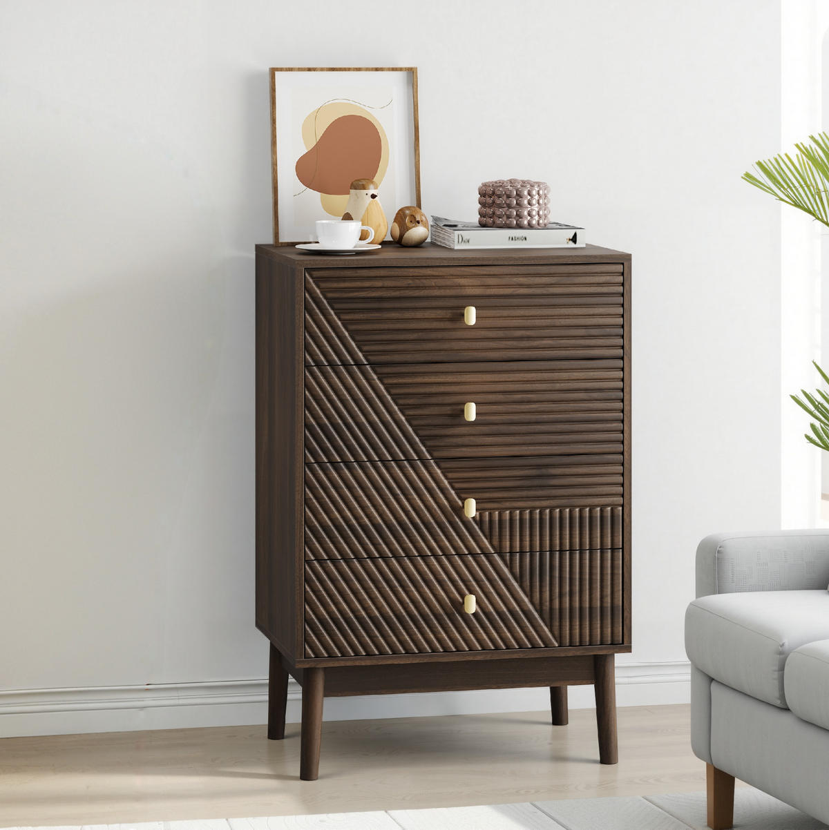 KOMMODE 60/40/90 cm in Walnuss mit 4 Schubladen im Mid-Century-Stil - Walnussfarben, Holzwerkstoff (60/90/40cm) - BEAOK