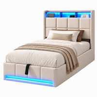 POLSTERBETT 90/200 cm，LED Bett Beige mit Stauraum & USB,Lattenrost,Leinen - Beige/Naturfarben, Holz/Textil (90/200cm) - FURNISHINGS HOME