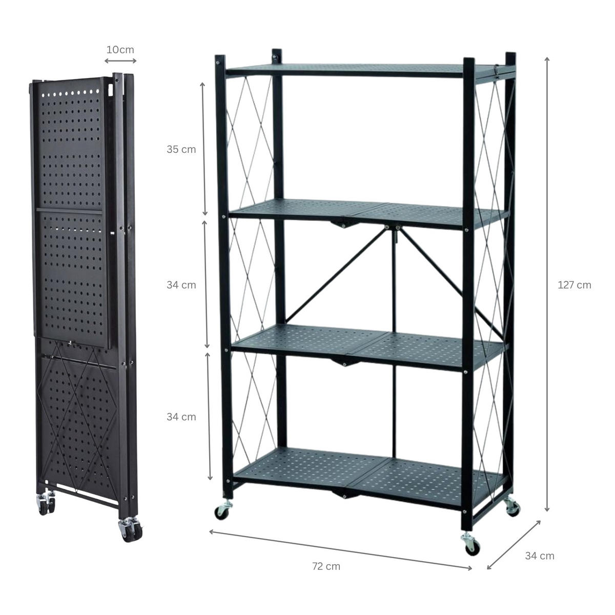 KLAPPREGAL auf Rollen 4 Fachböden Belastbarkeit 200kg 127x72x34 cm Schwarz - Schwarz, Metall (72/127/34cm) - PROREGAL