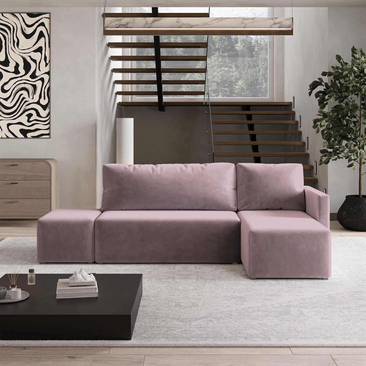 ECKSOFA VELOTTI R-S Rosa Plüsch-Stoff mit Schlaffunktion - Rosa, Holz (261/143cm) - MASSENO