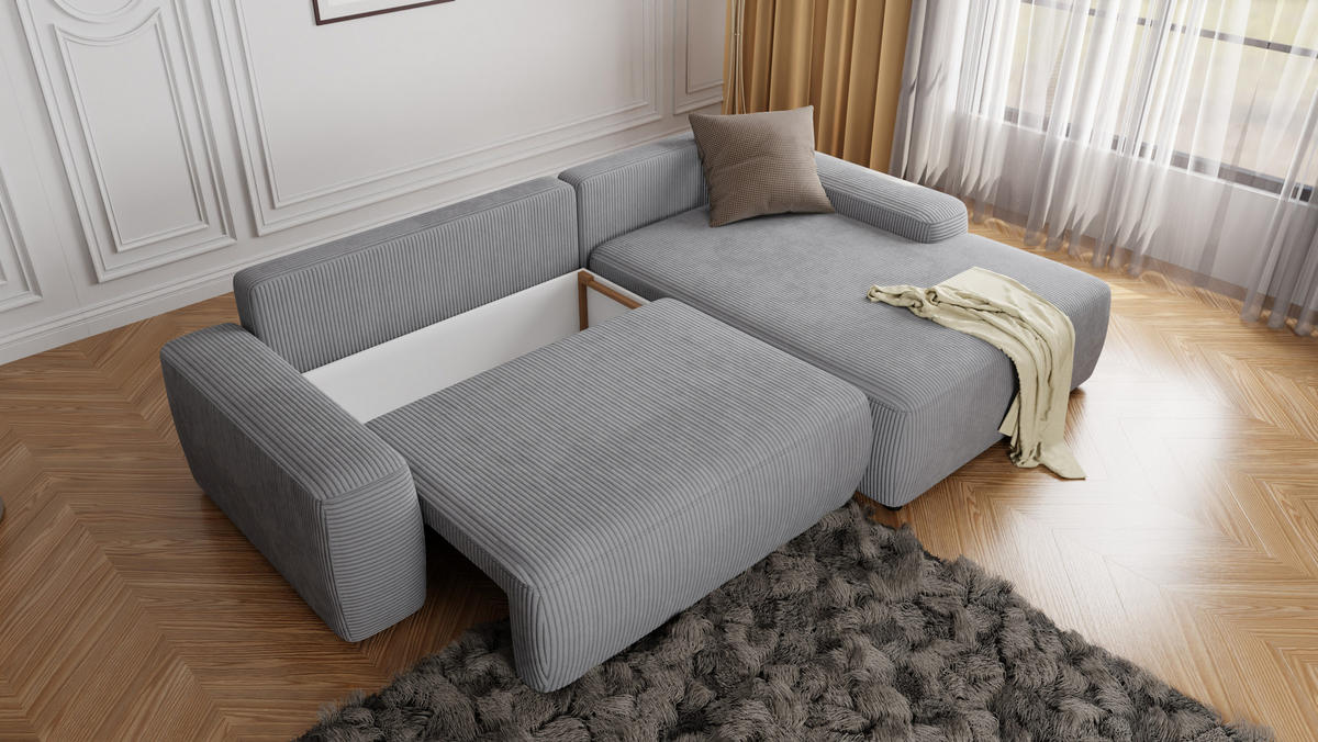 ECKSOFA Nancy Hellgrau Cord - Hellgrau/Schwarz, Holz/Kunststoff (264/162cm) - S-Style Möbel