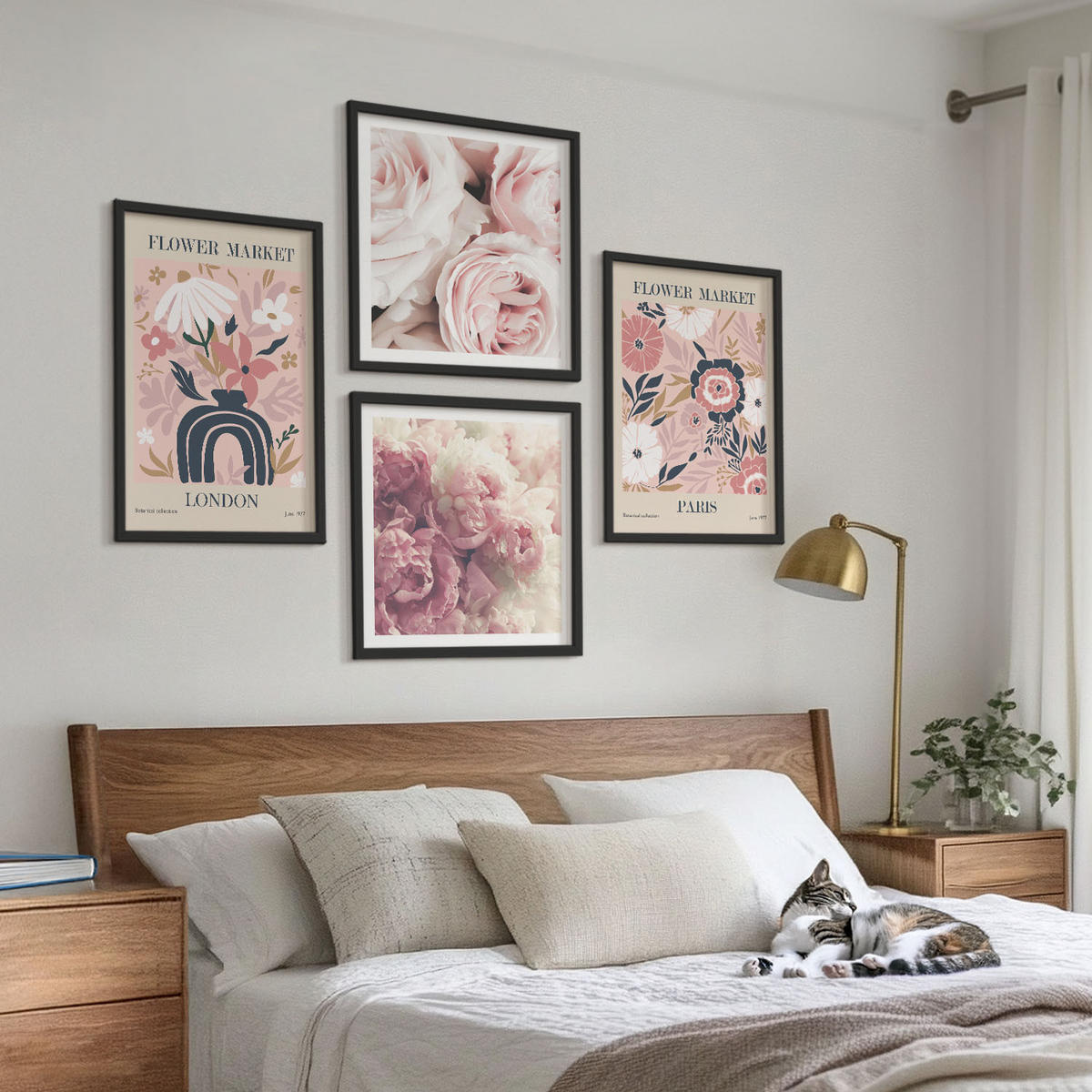 BILDER SET 4er Set - 50x50 cm & 40x60 cm Schwarzer Rahmen - Blumenmotive Rosen Paris - Schwarz, Kunststoff (50/50cm) - TULUP