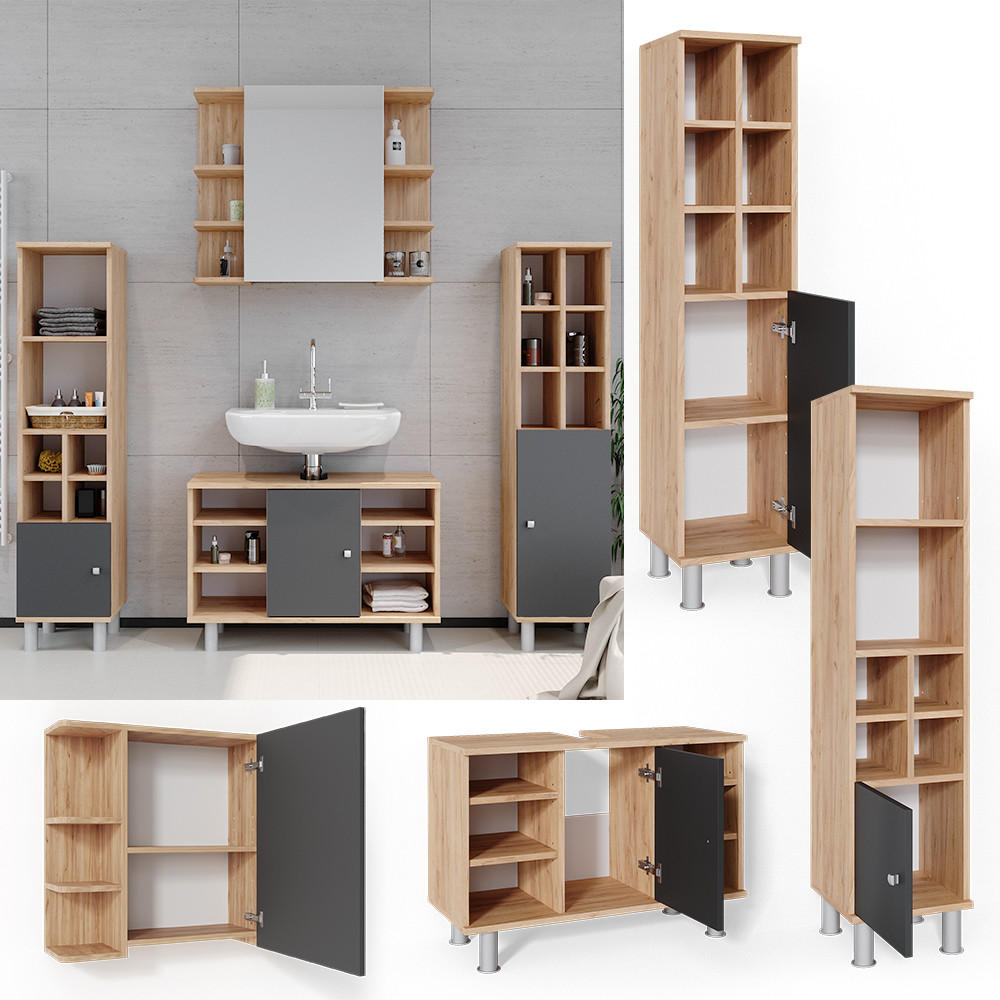 BADMÖBEL-SET Fynn Goldkraft Eiche 4 Teile, mit Midischränke - Anthrazit/Eiche Wotan, Holzwerkstoff (60/54/32cm) - Vicco