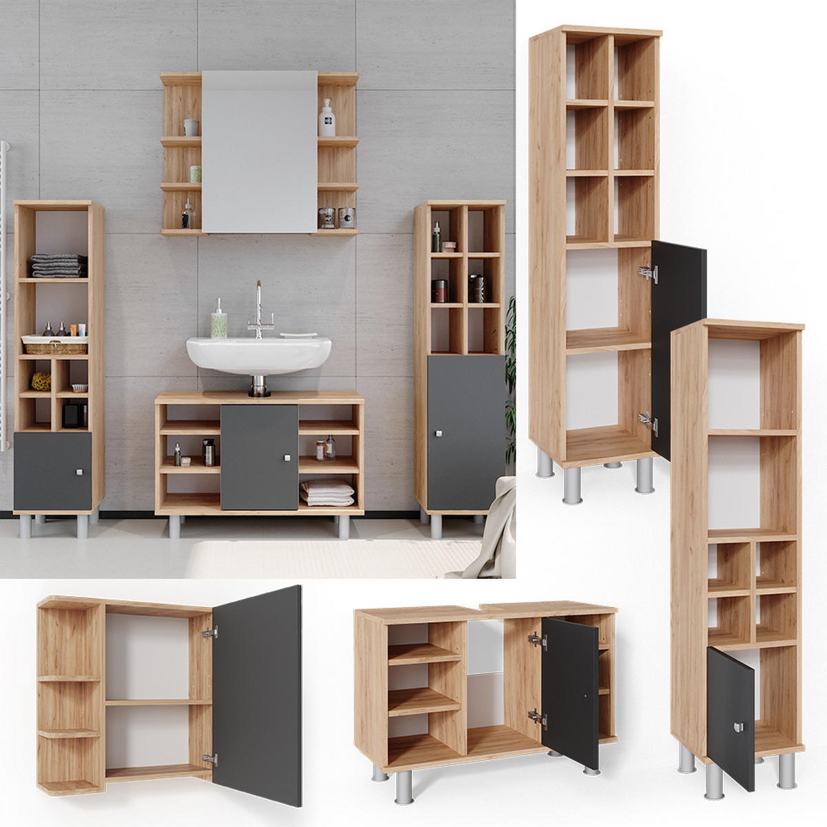 BADMÖBEL-SET Fynn Goldkraft Eiche 4 Teile, mit Midischränke - Anthrazit/Eiche Wotan, Holzwerkstoff (60/54/32cm) - Vicco