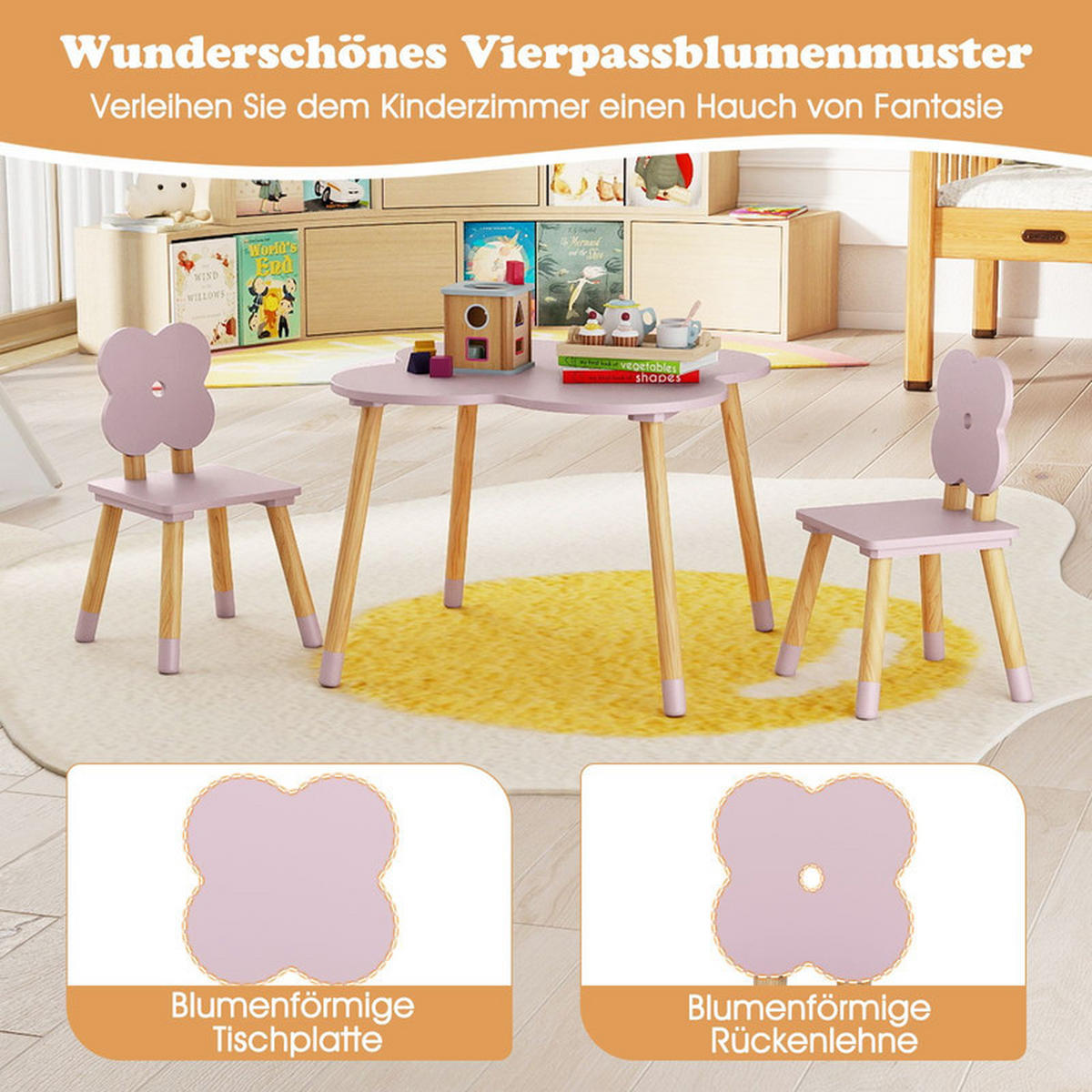 KINDERTISCH mit stuhl rosa(3-tlg) - Pink, Holzwerkstoff (60/44/60cm) - COSTWAY