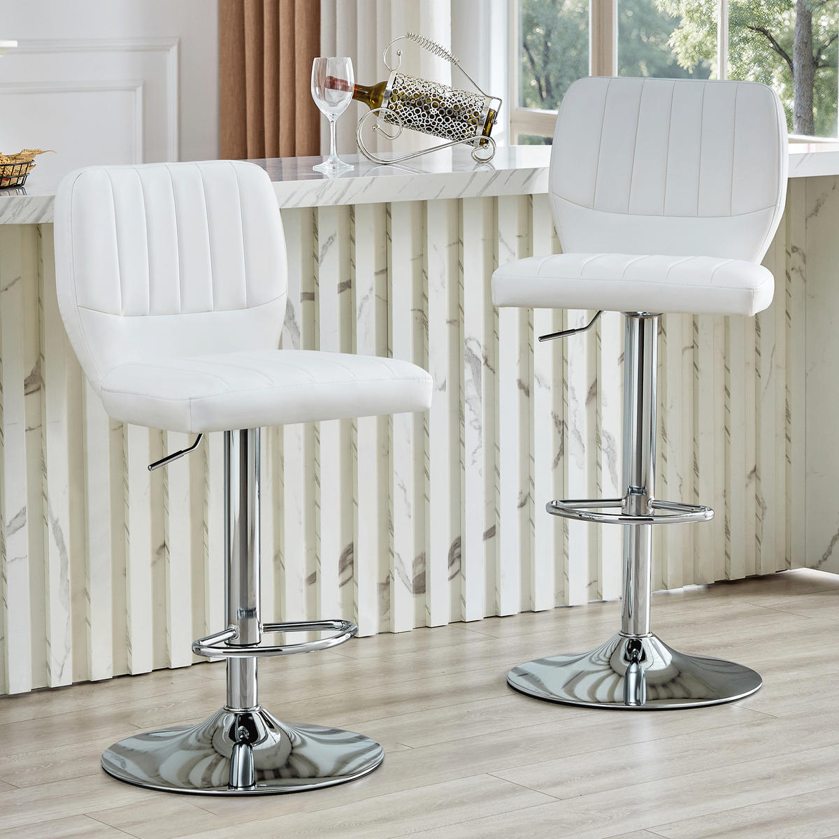 BARHOCKER Weiß 2er-Set Höhenverstellbar Drehbar 360° mit Rückenlehne & Fußstütze - Weiß, Metall (52/93/45cm) - PANGIVO