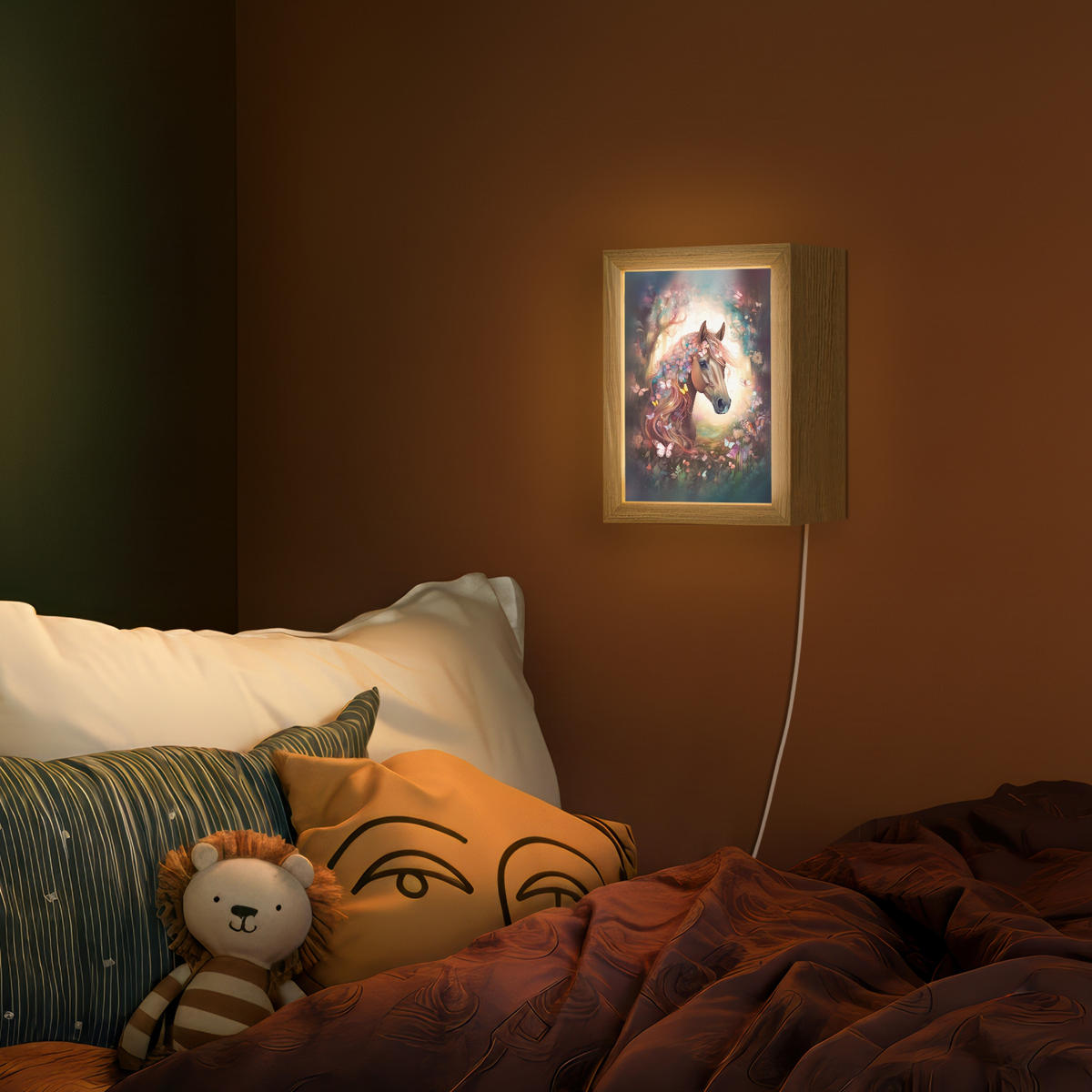 NÁSTĚNNÁ LAMPA Kůň - Příroda - Květiny - Motýli - Les 15x20 cm - tmavě hnědá, kompozitní dřevo (15/20/8cm) - OnlyWow