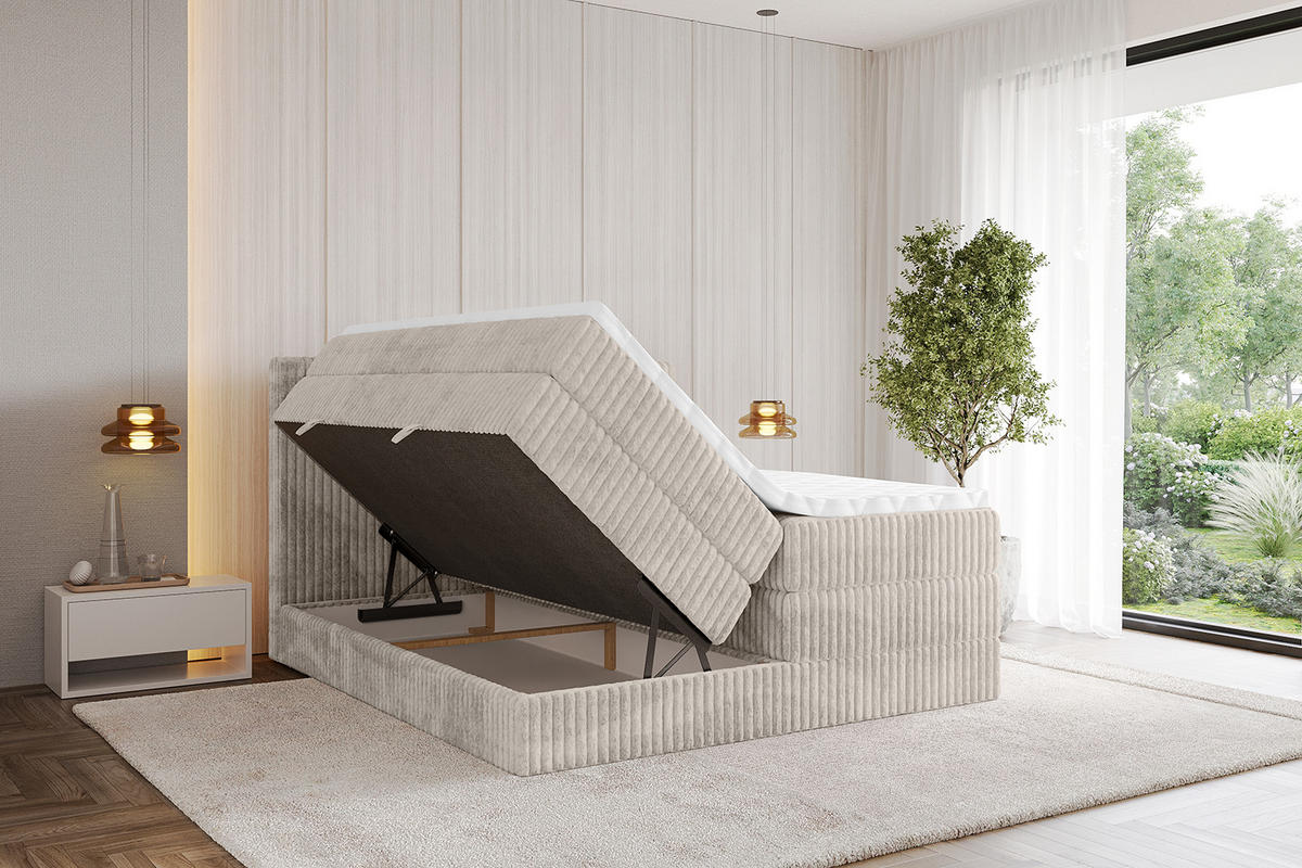 BOXSPRINGBETT mit Matratze H3|H4 und Lattenrost - TOLO KING 200x200 Cord - Creme - Creme, Holzwerkstoff (200/200cm) - ALTDECOR