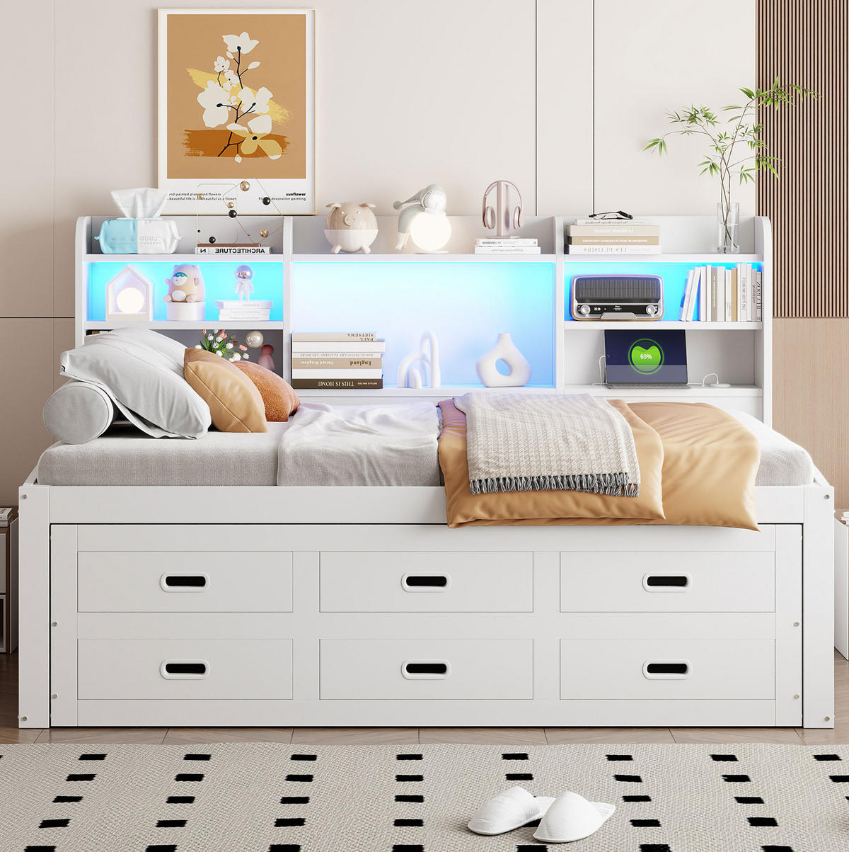 TAGESBETT 90/200 cm mit Ausziehbett, LED-Beleuchtung, USB-/Type-C-Anschluss und 3 Schubladen, Spanplatte/MDF, Weiß - Weiß, Holzwerkstoff (90/200cm) - Redom