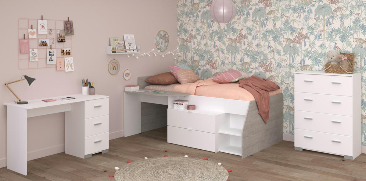 KINDERZIMMER weiß, grau, Komplett-Set mit Stauraumbett, Kommode, Schreibtisch - Silberfarben/Weiß, Holzwerkstoff/Kunststoff (135/106/203cm) - Parisot Meuble