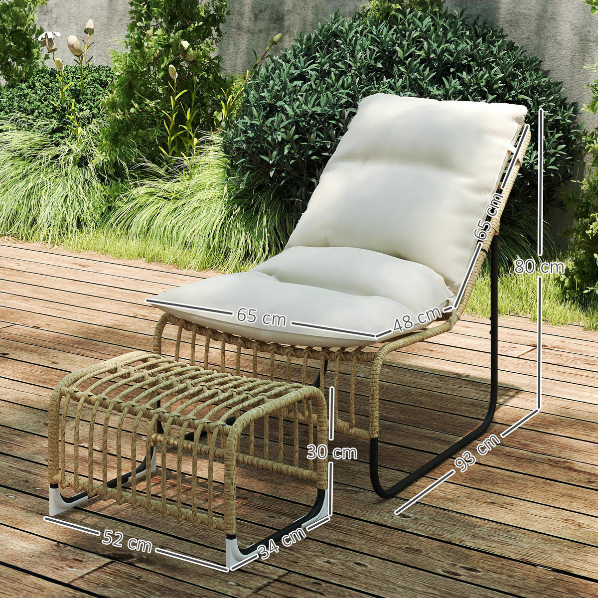 RELAXSESSEL mit Fußhocker UV-beständig Gartensessel mit Kissen Bänder - Creme, Metall (65/80/93cm) - Outsunny