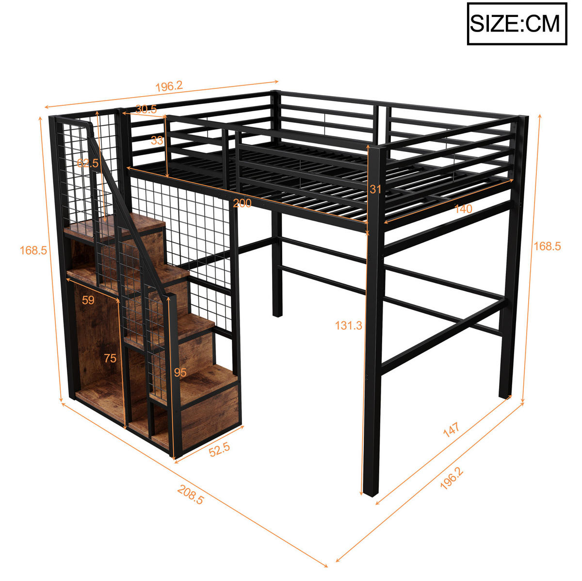 VYSOKÁ posteľ 140/200 cm čierna z kovu a MDF s úložným priestorom a bezpečnostným schodiskom - čierna, kompozitné drevo (140/200cm) - OKWISH