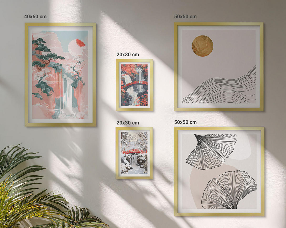 WANDBILDER 5er Set - 50x50 cm & 20x30 cm & 40x60 cm Goldrahmen - Wasserfälle, Brücken, Bäume, Jahreszeiten - Goldfarben, Kunststoff (40/60cm) - ArtPrintCave