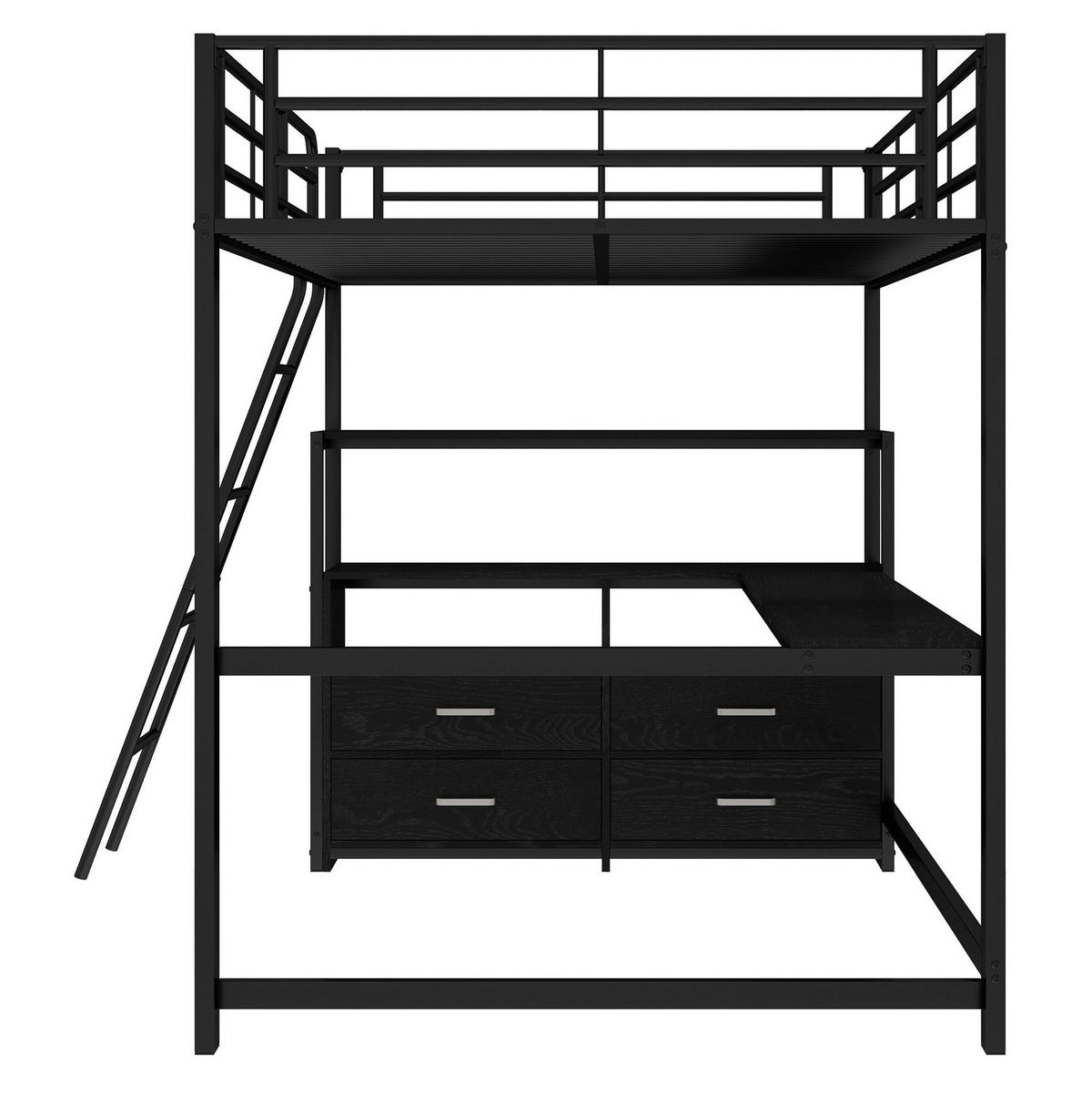 HOCHBETT aus Metall und MDF 140x200 cm Schwarz mit L-förmigem Schreibtisch und Schubladen - Schwarz, Metall (135/190cm) - IVMEU