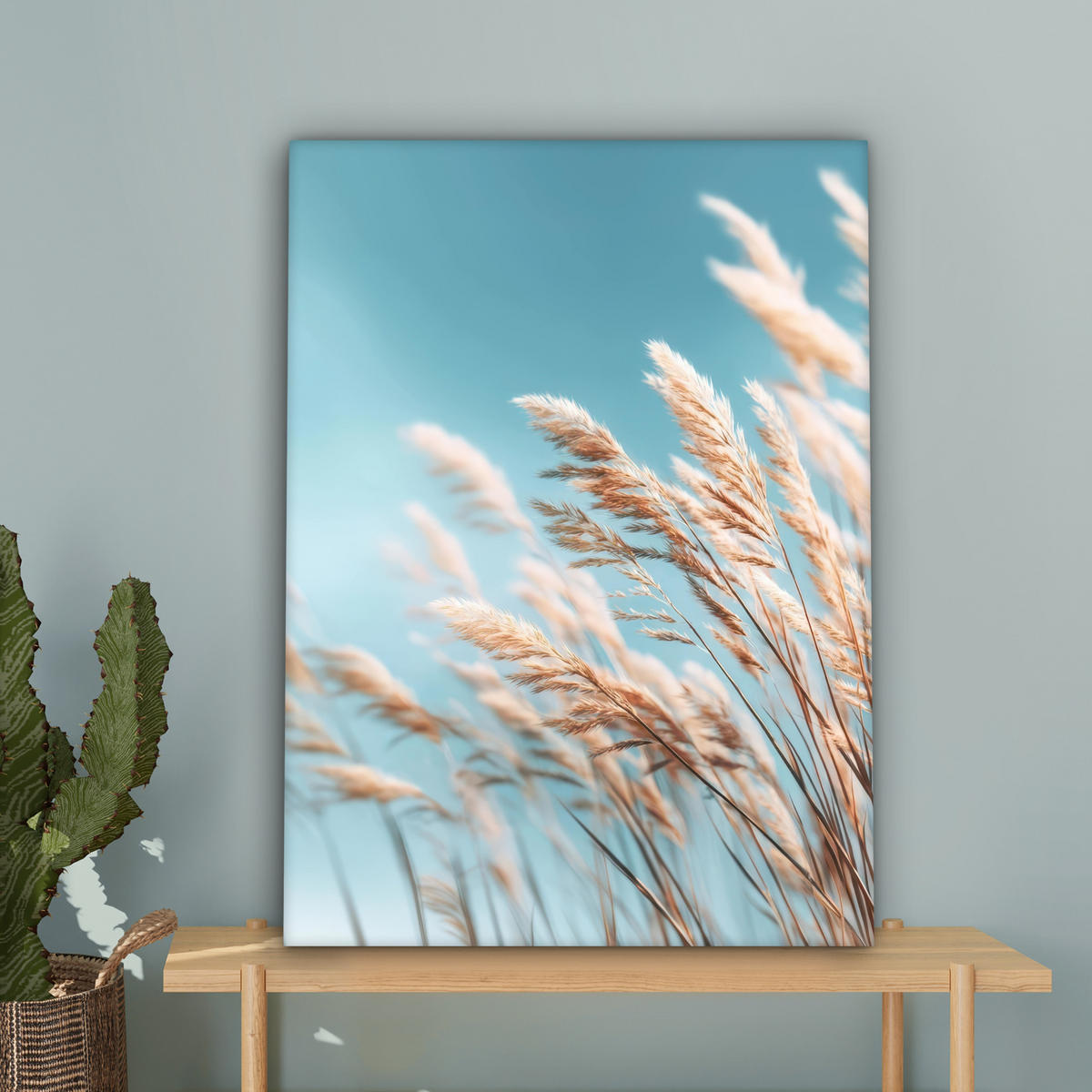 LEINWANDBILD Ziergras - Wind - Hellbraun Wandbild Wohnzimmer 60x80 cm - Hellblau, Textil (60/80cm) - MuchoWow