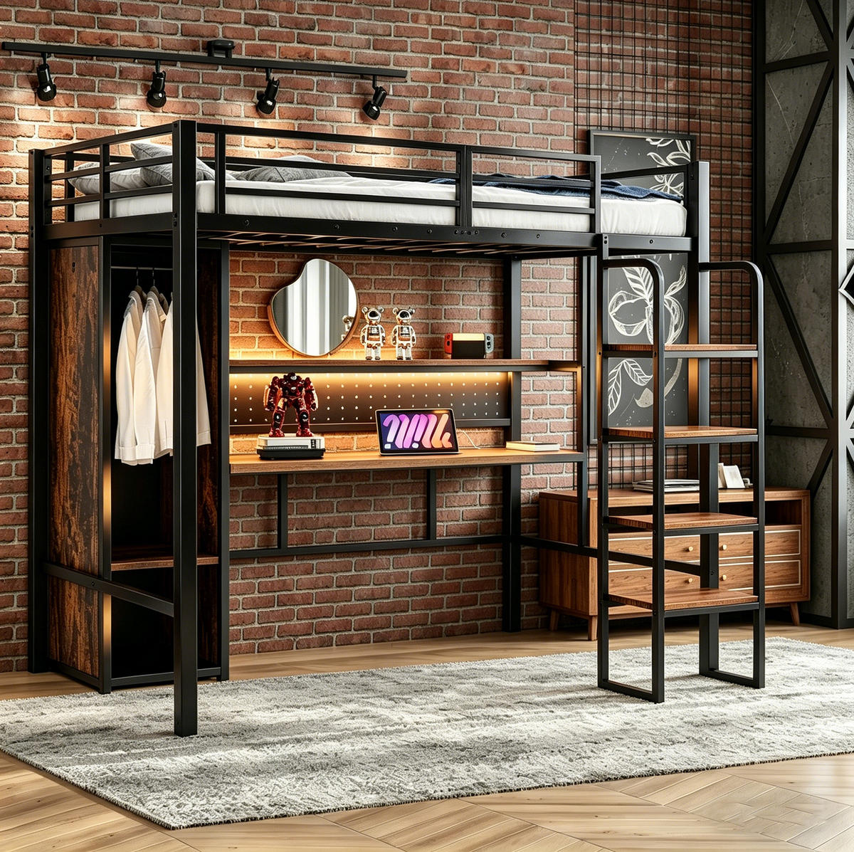 HOCHBETT 90/200 cm aus Metall und MDF mit Schreibtisch, Kleiderschrank, Regal und LED-Beleuchtung, Schwarz - Schwarz, Metall (90/200cm) - Redom