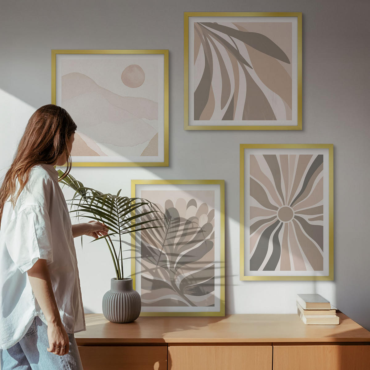 BILDER SET 4er Set - 50x50 cm & 40x60 cm Goldrahmen - Abstrakte Pflanzenmuster - Goldfarben, Kunststoff (50/50cm) - TULUP