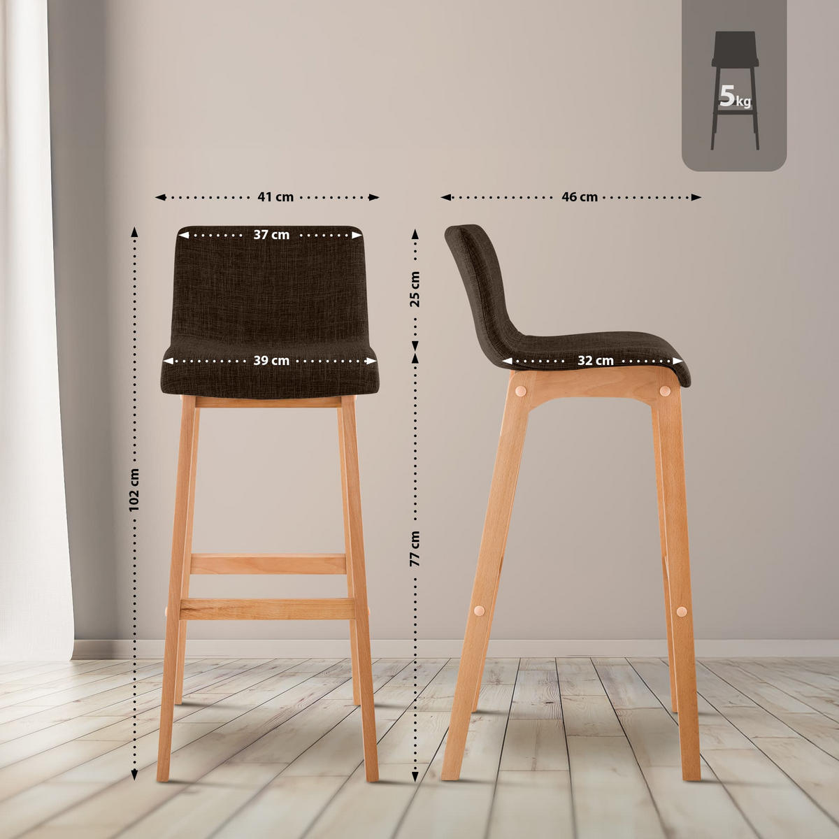 BARHOCKER 2er Set Stoff braun - Eukalyptusholzfarben/Braun, Holz/Textil (41/102/46cm) - CLP