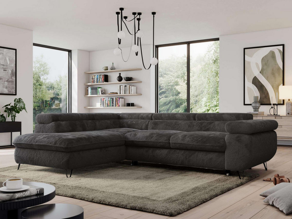 ECKSOFA PEDRO L Anthrazit Plüsch - Links Seite - Anthrazit/Schwarz, Textil/Metall (208/273cm) - MKS