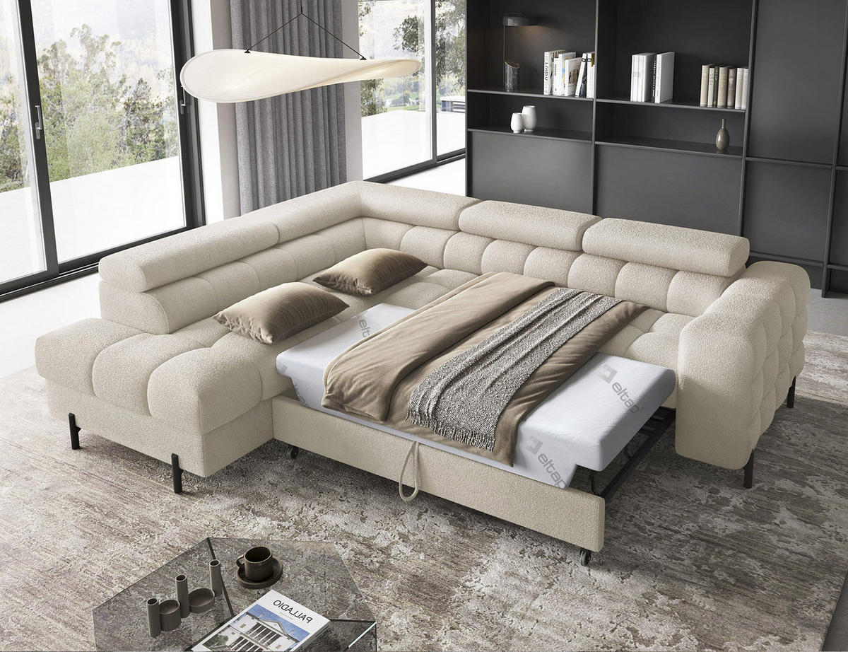 WOHNLANDSCHAFT FERUCCE Ecksofa L-Form – Polsterecke mit Schlaffunktion, Bettkasten & verstellbaren Kopfstützen 276 cm - Hellgrau, Kunststoff (276/200cm) - Wohnideebilder