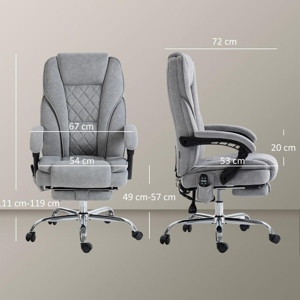 BÜROSTUHL in Grau 67x72x119 cm mit Vibrationsmassage, Wärmefunktion und Fußstütze - Grau, Textil (72/119/67cm) - IVMEU